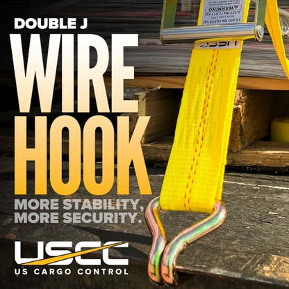 US Cargo Control Wire Hook Ratchet Straps 2 Inch x 12 Foot (4-Pack), 10,000 LBS Break Strength, Yellow 2 Inch Ratchet Straps Heavy Duty with J Hooks, Heavy Duty Tie Downs for Trailers and Trucks