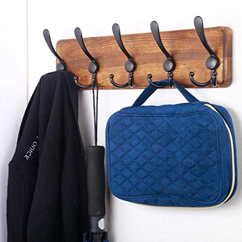 SKOLOO Rustic Coat Rack Wall Mount, 16" Stud Spacing, Solid Wood, Brown - color: Brown Plate & Black Hook, size: 1 Item-5 Hooks