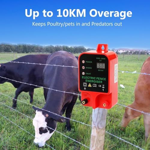 10KM Electric Fence Charger, 2J Waterproof Electric Fence Energizer with LED Display for Livestock Cattle Horse Protection, Alarm Function，AC/Battery Powered