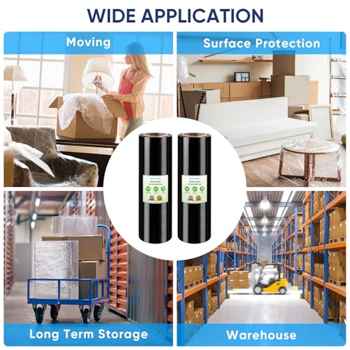 TICONN Stretch Wrap Roll, 18 in x 1000 ft Plastic Wrap for Moving Furniture | Odorless Industrial Strength Stretch Film, 300% Stretchability, Self-Adhering, Ideal for Furniture, Box Protection - style: 18''-2PK Black (No handle)