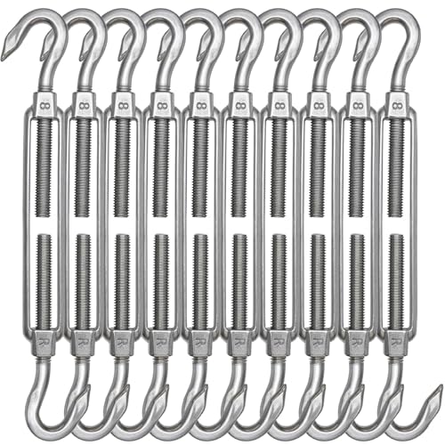 TooTaci 10PCS M8 Turnbuckle, 304 Stainless Steel Turnbuckle Hook and Hook | Turnbuckle Wire Tensioner, 440 lb Heavy Duty Adjustable Turnbuckles for Cables Wire, Cable Tightener, Trampoline, Tent, Tarps - size: M8 CC-10Pcs