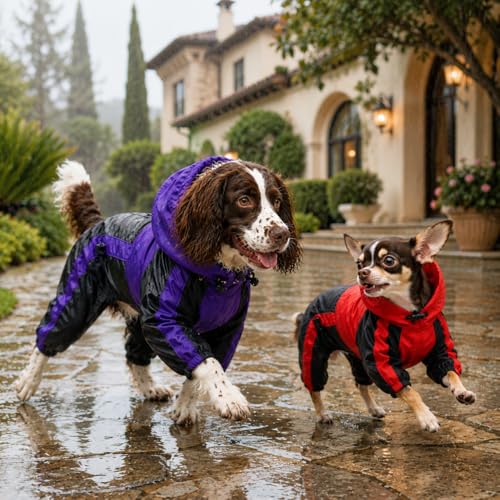 Lovelonglong Dog Hooded Raincoat, Small Dog Rain Jacket Poncho Waterproof Clothes with Hood Breathable 4 Feet Four Legs Rain Coats for Small Medium Large Pet Dogs Purple XS - color: Purple, size: XS (Small Dog ~5lbs)