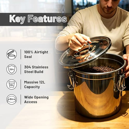 304 Stainless Steel Airtight Food Storage Containers 3.17gal/12L with Locking Lids & Clips Large Kitchen Jar for Rice, Flour, Sugar, Grain, Coffee Beans - size: 12L