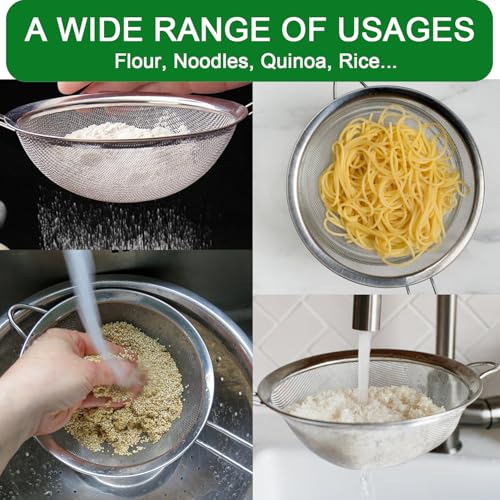 Large Fine Mesh Strainer, 8.7” Stainless Steel Strainers with Handle, Bonus 20x20 Inch Reusable Unbleached Cotton Cheese Cloths with 4 Hemmed Edges, Sieve Sifter for Straining, Cooking, Baking