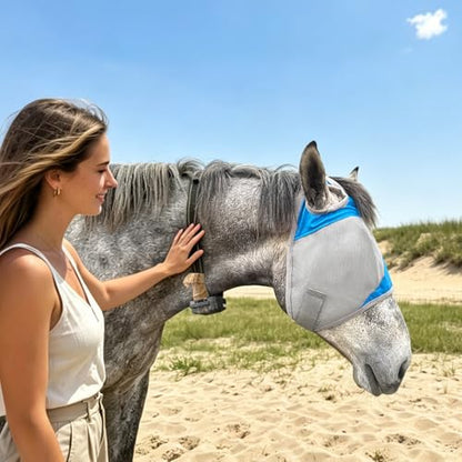 Horse Fly Mask Without Ears, Breathable Mesh UV Protection, Soft Fleece Trim, Adjustable Secure Fit, No Eye Rubbing, Lightweight for Turnout (M) - size: Medium