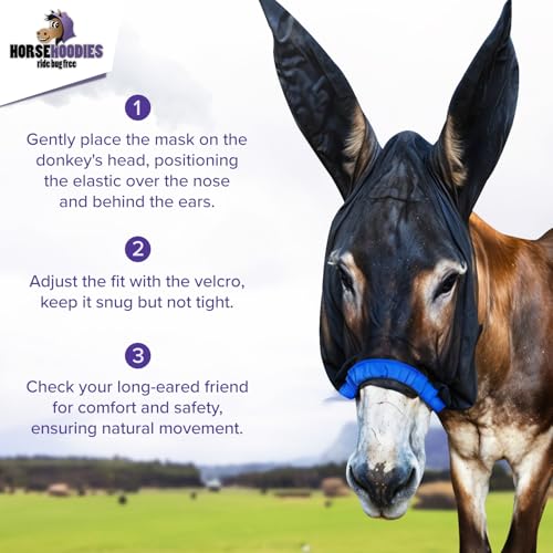 Donkey Fly Mask with Long Ears (Purple) Half Hoodie for Standard Donkey, Made in USA - Mule Fly Mask with Ears Protection from Insects and Bugs, Face Cover Soft Mesh Fabric with Adjustable Fastener - color: Purple, size: Large Donkey