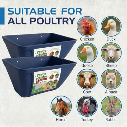 Hanging Chicken Feeder Waterer Heavy Duty BPA-Free Plastic Feed Trough, Fence Mount Livestock Feeding Bucket, Backyard Poultry Farm Supplies for Duck, Turkey, Goat, Sheep, 2 Pack, Blue - color: Blue
