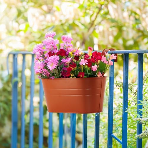 3 Pack Metal Railing Planters, 10.5" Oval Hanging Flower Pots with Detachable Hooks & Drainage Holes, Fits Rails up to 2.36", Galvanized Iron Fence Bucket for Balcony Garden Patio - Terracotta - color: Terracotta, size: 3 Pack, 10.5"L x 5.7"W x 4.7"H