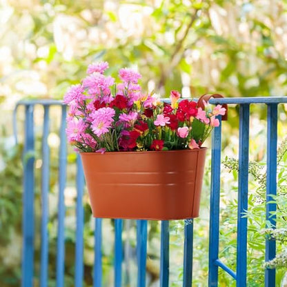 3 Pack Metal Railing Planters, 10.5" Oval Hanging Flower Pots with Detachable Hooks & Drainage Holes, Fits Rails up to 2.36", Galvanized Iron Fence Bucket for Balcony Garden Patio - Terracotta - color: Terracotta, size: 3 Pack, 10.5"L x 5.7"W x 4.7"H