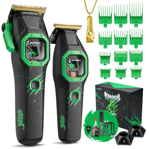 SUPRENT FANGS Professional Barber Clippers - High-Performance 13,000 RPM Vector Motor Hair Clipper Barber Trimmer Set, Professional Haircutting Kit with AI Speed Control, Patented U-Teeth Blade(black) - color: Black Green