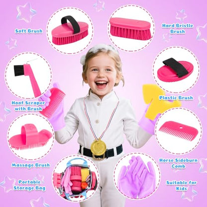 deAO Horse Grooming Brush Kit 12Pcs Horse Tack with Tote Bag,Care Tool,Pink - color: Pink