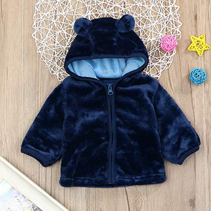 Noubeau Infant Baby Boys Girls Fleece Ears Hat with Lined Hooded Zipper Up Jacket Coat Tops Outwear Overcoat Warm Fall Winte - color: Blue, size: 18-24 Months