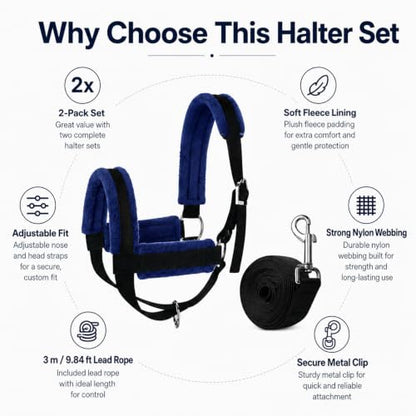 2-Pack Cow Halter with 3M Leading Rope, 19.5"-23.5" Adjustable Nylon Cattle Halter for Calf Cows Horses Livestock, Farm Training Harness - size: 19.5"-23.5"