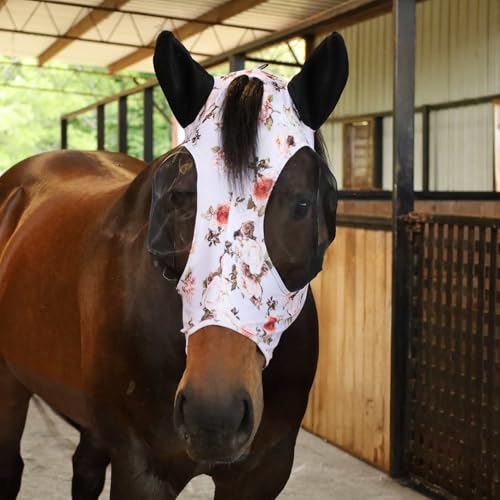 Jeffers Lycra Horse Fly Mask w/Ears, Full Size - Breathable Lightweight Snug Fit Horse Face Covering, Mesh Eyes & Ears, Forelock Hole, UV Protection, Pasture & Riding Summer Apparel - Rose Garden - color: Rose Garden, size: Full