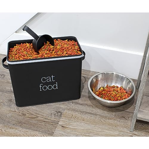 AuldHome Design Farmhouse Cat Food Container (Black) Enamel Look Rustic Cat Food Bin with Scoop
