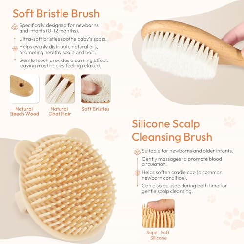 Baby Brush and Comb Set, 4 Piece Wooden Soft Bristle Hairbrush for Newborns | Baby Brush for Cradle Cap, Essentials Care Kit, Baby Shower Gift for Boys & Girls