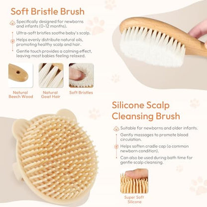 Baby Brush and Comb Set, 4 Piece Wooden Soft Bristle Hairbrush for Newborns | Baby Brush for Cradle Cap, Essentials Care Kit, Baby Shower Gift for Boys & Girls