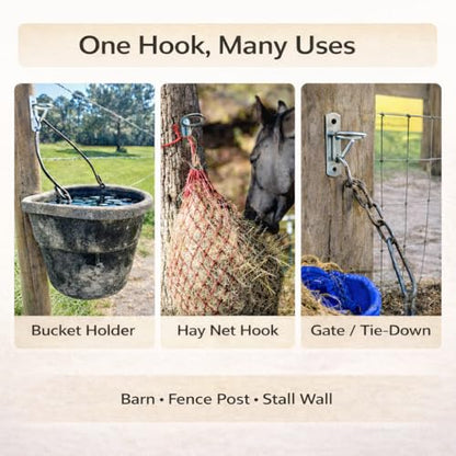 Horse Stall Bucket Hooks, Heavy Duty Metal Ring Bucket Hangers with J-Hook, Wall Mounted Water Feed Bucket Holder for Barn, Stable & Fence, Includes Screws, 2-Pack