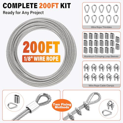 1/8 Stainless Steel Cable Kit - 200ft 1/8" Wire Rope with Cutter - size: 200FT Kit