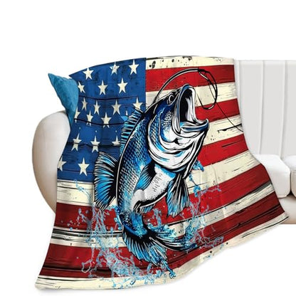 Bass Fish Blanket American Flag Fishing Throw Blanket 60"x50" - color: Bass Fish, size: 60"x50"