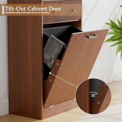 10 Gallon Tilt Out Trash Can Cabinet with Drawer, Hidden Trash Bin Storage & Laundry Hamper Cabinet, Pet Proof Trash Can Holder for Kitchen, Laundry Room & Bathroom, Walnut - color: Walnut
