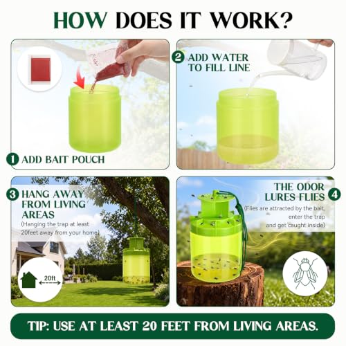 3 Pack Fly Traps with 3 Bait Refills Large Capacity Fly Hunter