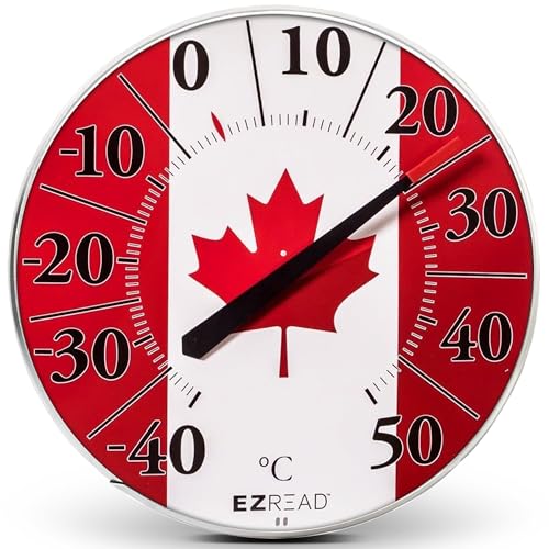 EZREAD Hanging Dial Thermometer 840-1250 Weather Thermometers for Indoor and Outdoor Use, Large 12.5 Inch Diameter, Easy to Read Numbers, Canada Flag - color: Green