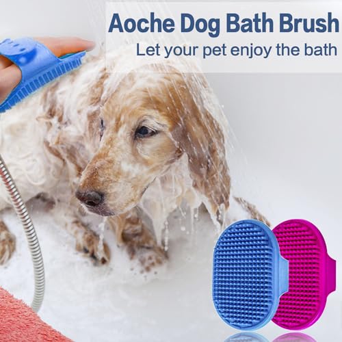 Dog Bath Brush Pet Bath Comb Brush Soothing Massage Rubber Comb 2pcs with Adjustable Ring Handle for Long Short Haired Dogs and Cats (Blue+Rose)