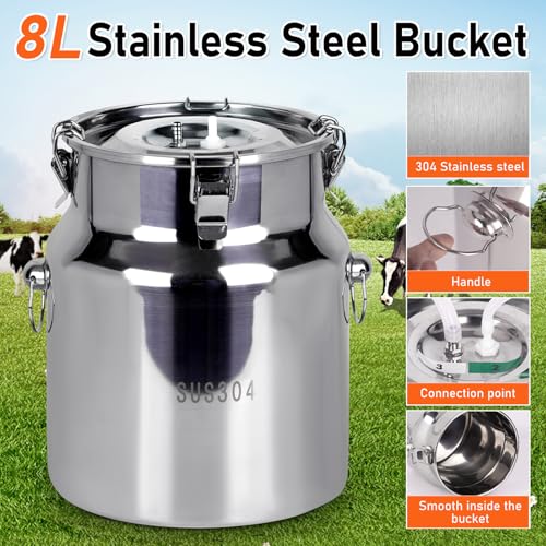 PKNYBZN 2-in-1 Cow & Goat Milking Machine, 8L 304 Stainless Steel Buckets | Rechargable Electric Automatic Pulsation Vacuum Milker Machine, Adjustable Suction for Cows and Goats