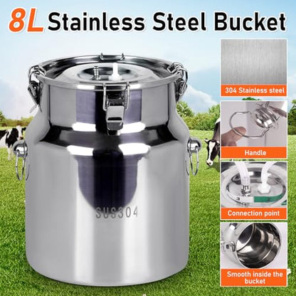 PKNYBZN 2-in-1 Cow & Goat Milking Machine, 8L 304 Stainless Steel Buckets | Rechargable Electric Automatic Pulsation Vacuum Milker Machine, Adjustable Suction for Cows and Goats