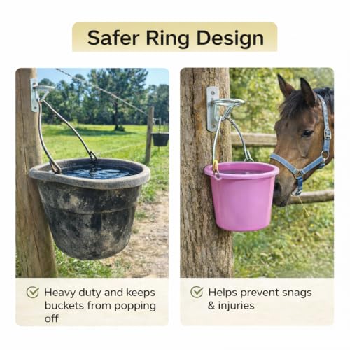 Horse Stall Bucket Hooks, Heavy Duty Metal Ring Bucket Hangers with J-Hook, Wall Mounted Water Feed Bucket Holder for Barn, Stable & Fence, Includes Screws, 4-Pack