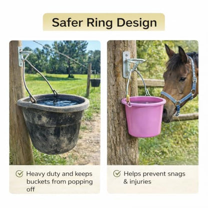 Horse Stall Bucket Hooks, Heavy Duty Metal Ring Bucket Hangers with J-Hook, Wall Mounted Water Feed Bucket Holder for Barn, Stable & Fence, Includes Screws, 4-Pack