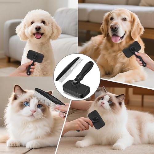 2PCS Self Cleaning Slicker Brush & Dog Comb - Skin Friendly Deshedding Grooming Tool for Dogs, Cats and Small Animals, Professional Deshedding Dematting Tool for Long and Short Haired Pets (Black) - color: Black