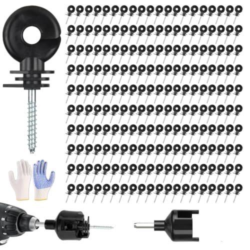 200PCS Electric Fence Insulators with Socket Tool and Gloves, Screw in Ring Clips Kit for Fence Wood Post, Fence Connectors Compatible with Electric Polywire or Steel and Aluminum Wire - Black - color: 201PCS