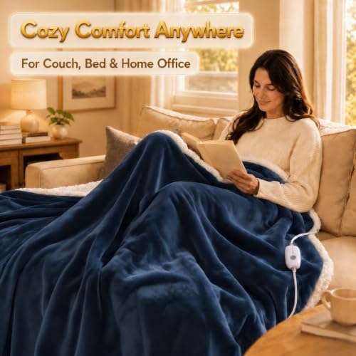 Heated Blanket Electric Throw Size 50''x60'' with 5 Heating Levels, 3 Hour Auto Shut Off, Machine Washable, Flannel & Sherpa Double-Sided Soft Warming Blanket for Couch, Bed, Office - Navy Blue - color: 05-navy Blue, size: 50''x60''(Throw)