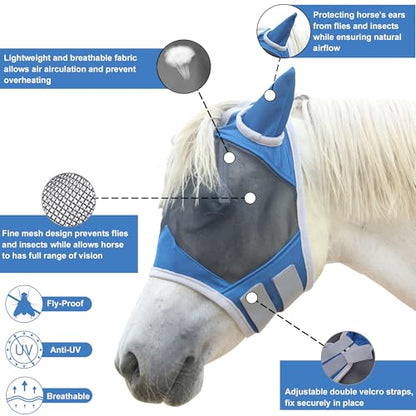 Horse Fly Mask with Ears, Full Face Equine Fly Mask UV Protection - color: Royal Blue, size: Cob (Medium)