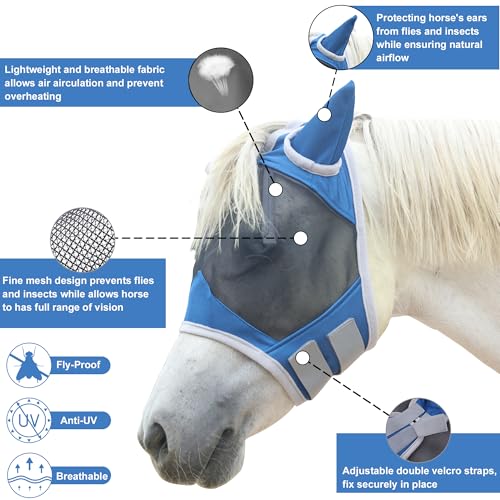 Horse Fly Mask with Ears, Full Face Equine Fly Mask UV Protection - color: Royal Blue, size: Full (Large)
