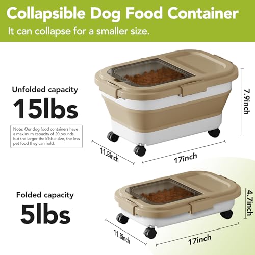 Summark Ca15 Lbs Dog/Cat Food Storage Container,Collapsible Food Storage Containers with Rolling Wheel Airtight Locking Lid,Pet Food Storage Container with Cup and Scoop,Khaki - color: Khaki
