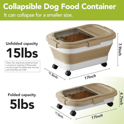 Summark Ca15 Lbs Dog/Cat Food Storage Container,Collapsible Food Storage Containers with Rolling Wheel Airtight Locking Lid,Pet Food Storage Container with Cup and Scoop,Khaki - color: Khaki