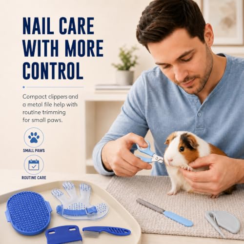 Rabbit Grooming Kit, 7-Piece Bunny Brush and Nail Care, Blue | 7 tools for loose fur, combing, light tangles and nail care; for rabbits, guinea pigs, hamsters and ferrets - color: Blue