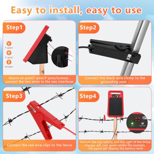 0.32J Solar Electric Fence Charger with Panel for Livestock, 20-Mile Red - color: Red