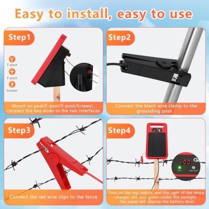 0.32J Solar Electric Fence Charger with Panel for Livestock, 20-Mile Red - color: Red