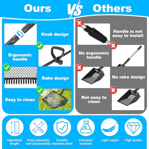 2-in-1 Coop Scoop(24" to 68"), Chicken Poop Scooper with Grip & Rake, Chicken Coop Accessories for Pet Waste Cleaning, Adjustable Stainless Steel Sand Sifting Litter Shovel for Chicken Coop