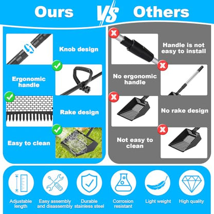 2-in-1 Coop Scoop(24" to 68"), Chicken Poop Scooper with Grip & Rake, Chicken Coop Accessories for Pet Waste Cleaning, Adjustable Stainless Steel Sand Sifting Litter Shovel for Chicken Coop
