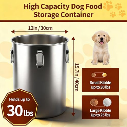 304 Stainless Steel Dog Food Storage Container, 25LB/30LB Airtight Pet Food Container with Locking Lid & Silicone Seal, Large Metal Food Storage Bin for Dry Dog/Cat Food, Rice, Flour (25 LBS) - size: 25 LBS