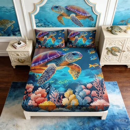 Coastal Turtle Bedding Set Twin Size,1 Fitted Sheet+2 Pillowcases. - color: Color, size: Twin