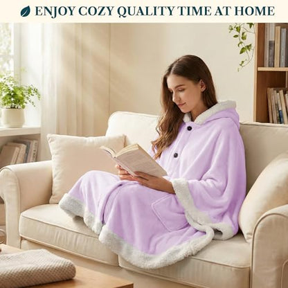PAVILIA Hooded Blanket Poncho for Women, Fleece Wearable Shawl Wrap, Purple | Fleece Shawl Wrap with Hood, Adult Wearable Blanket, Cozy Warm Poncho Cape Throw with Pockets, Gift for Elderly Mom - color: Purple