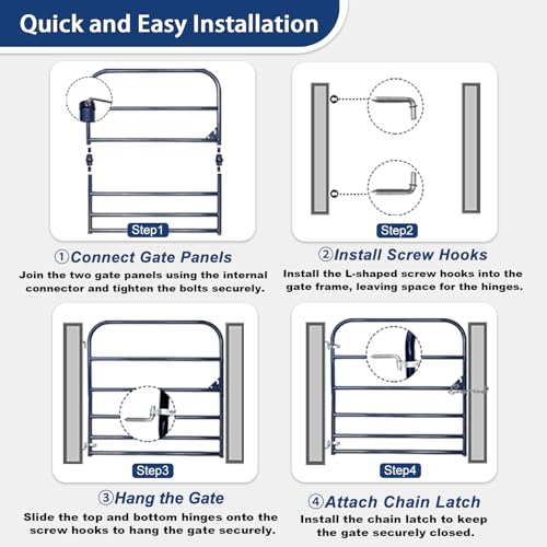 4 ft W x 50 in H Farm Gate, 6-Bar Steel Livestock Gate for Horse & Cattle | Heavy-duty horse gate and cattle gate, chain latch and animal-safe spacing for farms and corrals Blue