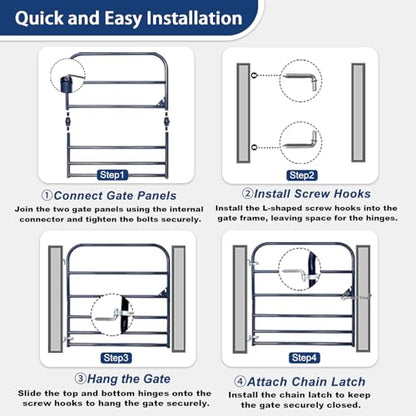 4 ft W x 50 in H Farm Gate, 6-Bar Steel Livestock Gate for Horse & Cattle | Heavy-duty horse gate and cattle gate, chain latch and animal-safe spacing for farms and corrals Blue