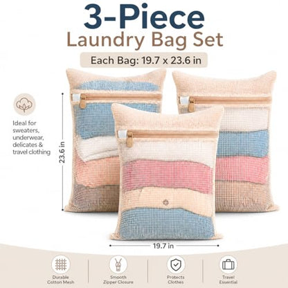 3-piece set extra-large 20×23.6 inch durable organic cotton mesh laundry bags, with sturdy zippers and breathable mesh, perfect for delicate items like underwear, clothes, pants, and socks. - size: Extra Large